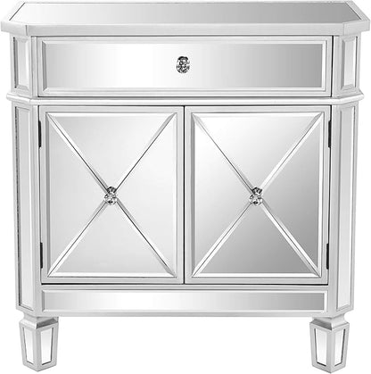VINGLI Mirrored Cabinet, Mirrored Nightstand, Mirrored Dresser Accent Chest, Large Mirror Nightstand with 1 Drawer and Two Doors, 27.5”W x 13.4”D x 26.5”H, Mirror