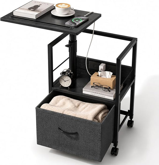 Faesun Swivel Lift Top Nightstand with Charging Station, Rolling Side Table for Recliner, Bedside Table with Wheels & a Fabric Drawer, for Small Spaces, for Bedroom, Living Room, Black Gray