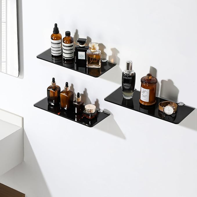 SAYAYO Glass Floating Shelves for Wall, Tempered Glass Shelves for Bathroom, Living Room, Bedroom, Office, Toilet, Kitchen Decor, 12Inch Set of 3, Black