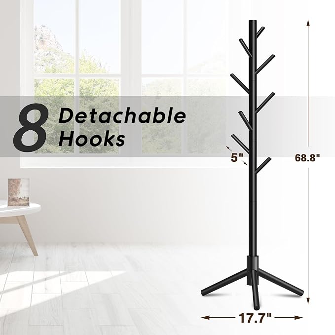 Coat Rack, Coat Racks Freestanding with 8 Hooks 3 Adjustable Heights for Clothes, Hats, Handbags, Coat Tree Easy Assembly for Entryway, Bedroom, Hallway, Office(Black)