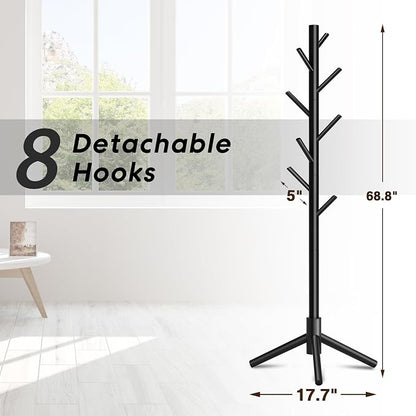 Coat Rack, Coat Racks Freestanding with 8 Hooks 3 Adjustable Heights for Clothes, Hats, Handbags, Coat Tree Easy Assembly for Entryway, Bedroom, Hallway, Office(Black)