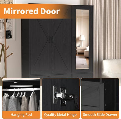 Armoire Wardrobe Closet with 3 Door, Bedroom Armoire with Mirror, LED Light, Hanging Rod, Drawers,Adjustable Shelves,Large Capacity Closet for Bedroom,47.2L,Black