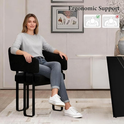 Black Boucle Dining Chairs Set of 12, Modern Barrel Dining Room Chairs with Curved Back and U-Shaped Metal Legs, Luxury Armchairs for Living Room Makeup Room