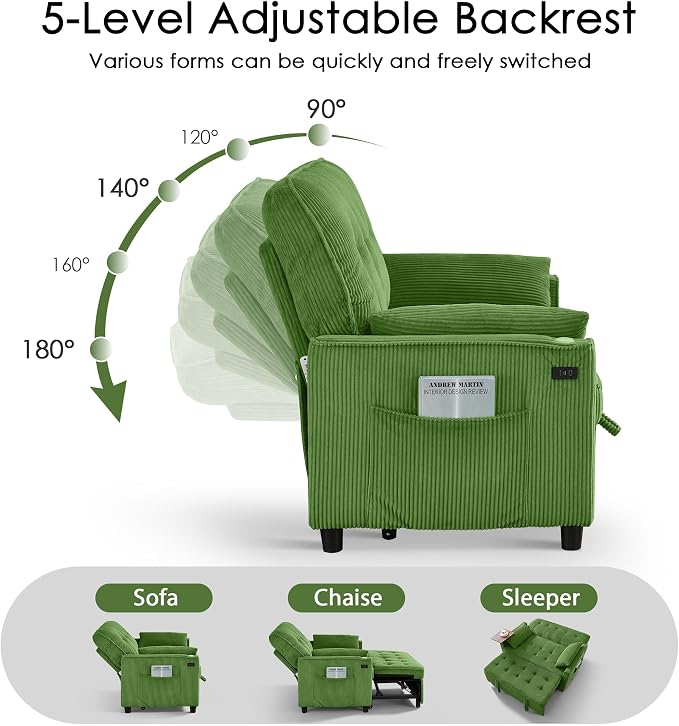 Sleeper Sofa Bed, 54'' Convertible Pull Out Couch with Small Table| USB Port | Stand Table| Corduroy Fabric | Adjustable Backrest for Apartment, Office, Bedroom, Guest Room(Green)