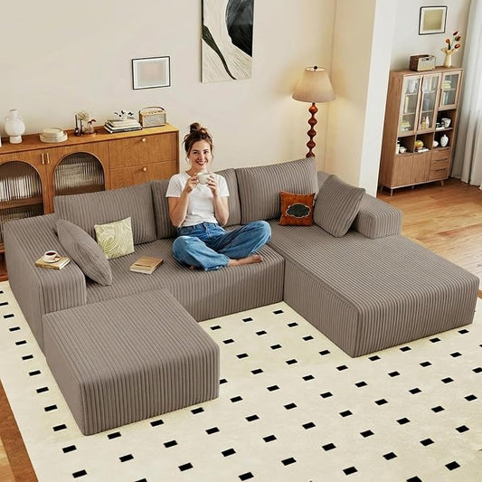 95" Cloud Sectional Couch U-Shaped Chaise with Ottoman, Corduroy Boneless Couch for Living Room Bedroom, Deep-Seat Upholstered Modular Cloud Sofa, No Assembly Required (Camel, Right Facing Chaise)