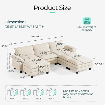 LINSY HOME 123'' Modular Sectional Sofa 3 Seat Couch Corduroy Cloud Couch with Deep Seat, Modern Cloud Couch with 3 Movable Ottoman for Living Room, Office, Bedroom, Beige