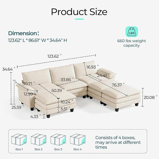LINSY HOME 123'' Modular Sectional Sofa 3 Seat Couch Corduroy Cloud Couch with Deep Seat, Modern Cloud Couch with 3 Movable Ottoman for Living Room, Office, Bedroom, Beige