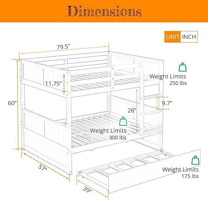 MERITLINE Detachable Full Over Full Bunk Bed with Trundle，Solid Wood Full Size Floor Bunk Bed for Kids,Walnut