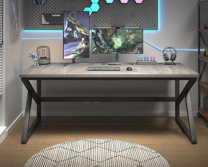 HSH 70 Inch Long Grey Desk, Large Home Office Computer Desk for 2 People, Industrial Wood and Metal Executive Work Writing Study Gaming Desk Table, Modern Bedroom Simple PC Laptop Desk Double Desk