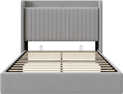 Allewie Queen Size Lift Up Storage Bed Frame,Storage Shelf Headboard with Charging Station,Type-C and USB Ports,Hydraulic Support,Velvet Upholstered Bed Frame,No Box Spring Needed,Grey