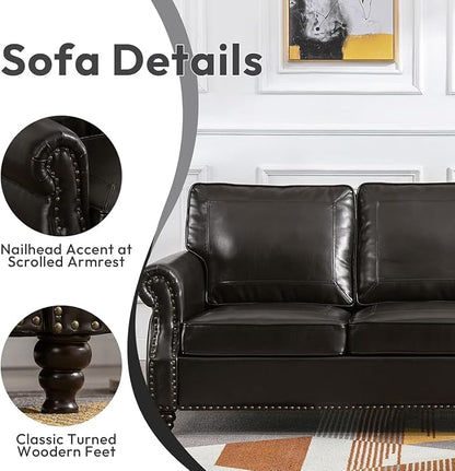 Kingfun Small Leather Loveseat, 57.9" Mid Century Modern Leather Couch for Living Room, Bedroom, Office, Love seat Sofas, Mini Sofa with Rolled Arms and Nailhead Trim, Black