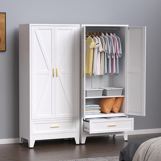 Steel Armoire Wardrobe Closet, 71" Metal Clothing Storage Cabinets with 2 Doors, 1 Drawer and 1 Adjustable Shelf, White Wardrobe Cabinet with Hanging Rod for Bedroom, Gym
