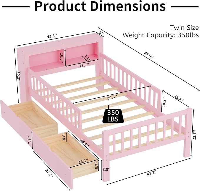 Kids Twin Size Bed Frame with Storage Drawers and Bookcase,Wood Twin Bed Frames for Kids,Twin Bed Frame with Headboard and Footboard for Boys Girls,No Box Spring Needed,Pink