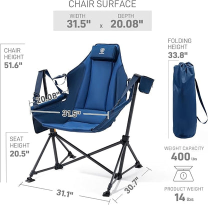 EVER ADVANCED Hammock Camping Chair, Oversized Heavy Duty Swing Chair with Detachable Cup Holder, Portable Folding Rocking Camping Chair, Support Up to 400lbs, Blue