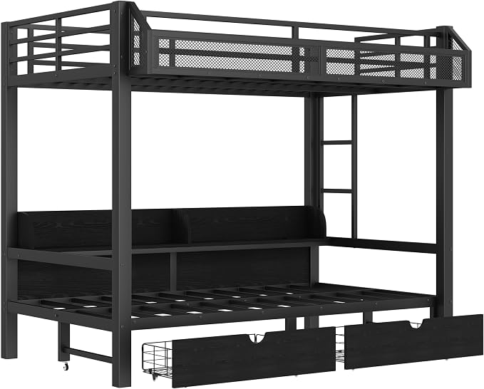 Bellemave Bunk Bed Twin XL Over Twin XL，Metal Bunk beds with Storage Shelves and Drawers USB Ports and LED Lights, Lower Bed That can be Converted into a Sofa, Black