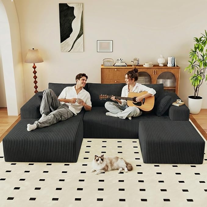 95" Cloud Sectional Couch U-Shaped Chaise with Ottoman, Corduroy Boneless Couch for Living Room Bedroom, Deep-Seat Upholstered Modular Cloud Sofa, No Assembly Required (Black, Left Facing Chaise)