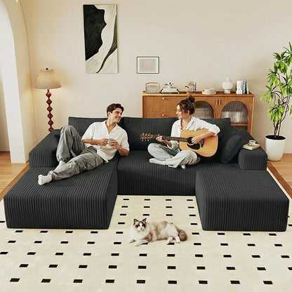 95" Cloud Sectional Couch U-Shaped Chaise with Ottoman, Corduroy Boneless Couch for Living Room Bedroom, Deep-Seat Upholstered Modular Cloud Sofa, No Assembly Required (Black, Left Facing Chaise)