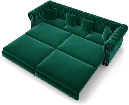 89'' Pull Out Sofa Bed King, Chesterfield Velvet Sleeper Sofa, Convertible L-Shaped Futon Couch, Tufted Back, 4 Pillows, Ottoman, Deep Seat Loveseat Couches for Living Room, Apartment, Green
