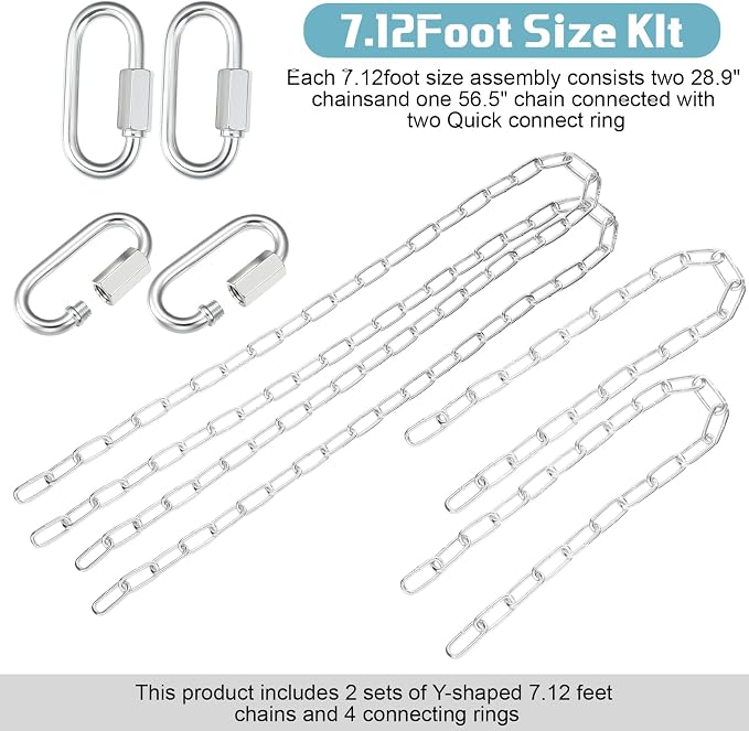 Heavy Duty Porch Swing Hanging Chain Kit (2 Pack) 1500 Lbs Capacity, Up to 7.1ft Length- Rustproof Zinc-Plated, 4 Quick Links & 2 Y-Chain Assemblies, Indoor/Outdoor Hanging Hardware(Silver)