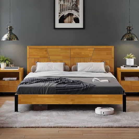Bme Trapeze King Bed Frame – Modern Solid Wood Bed with Smooth Pattern Headboard, Black Metal Legs, Teak Brown Finish – Durable King Size Platform Bed for Contemporary Bedrooms