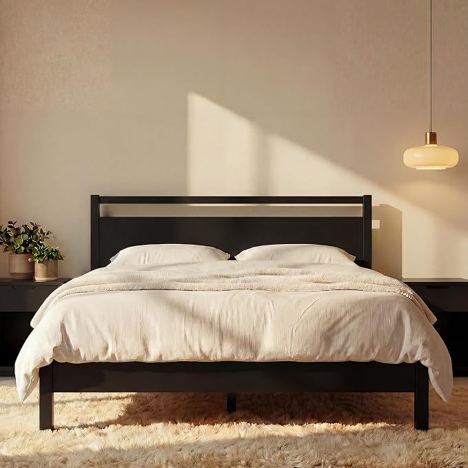 LIFEMENT Signature Wood Platform Bed Frame with Headboard, Essential, Noise Free, Under Bed Storage, No Box Spring Needed, Easy Assembly (Black, Twin)