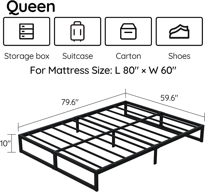 Richwanone 10 Inch Queen Bed Frame Metal Platform Bed, Black | Queen Size Bed Frame, Mattress Foundation with Steel Slat Support, No Box Spring Needed, Easy Assembly
