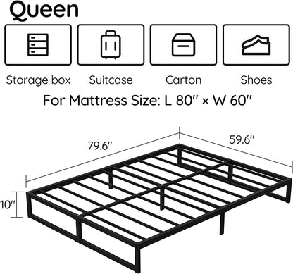 Richwanone 10 Inch Queen Bed Frame Metal Platform Bed, Black | Queen Size Bed Frame, Mattress Foundation with Steel Slat Support, No Box Spring Needed, Easy Assembly