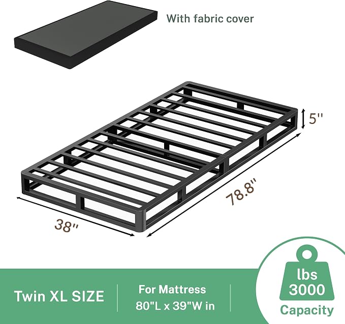 VIPSHOW 5 Inch Twin XL Metal Bed Frame Round Corner Low Platform Bed Frames 3000 LBS Heavy Duty Steel Slats Support Mattress Foundation No Box Spring Needed, Noise Free, Easy Assembly, Black