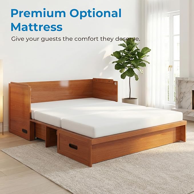 Mjkone Queen Murphy Bed with Mattress Include, Murphy Cabinet Bed with USB Charging Station, Hidden Cube Cabinet Beds with Large Storage Drawer for Bedroom Guest Room Home Office, Cherry