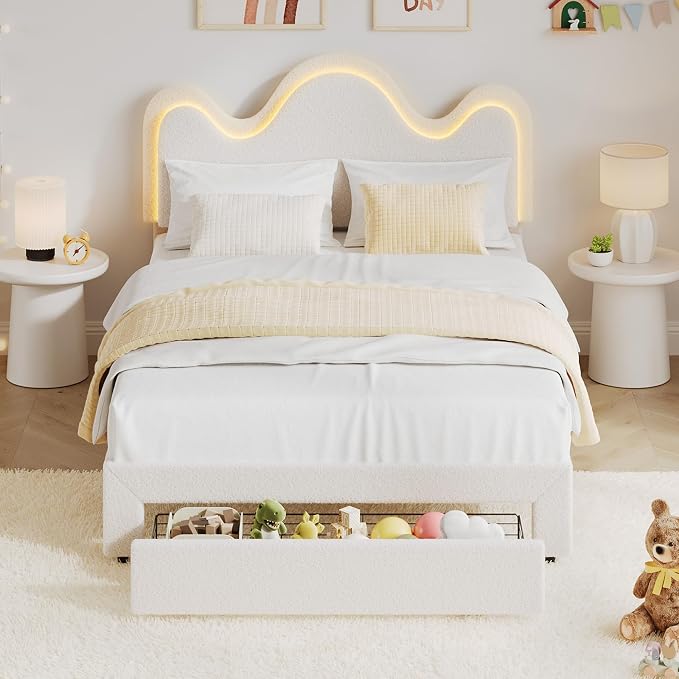 IDEALHOUSE Twin Bed Frame with LED Headboard and Under-Bed Drawer, Metal Upholstered Platform Bed with LED Light for Kids, Girls, Lamb Fleece Fabric, Wooden Slats Support, No Box Spring Needed, White