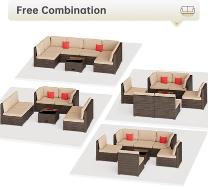 LHBcraft 7 Piece Patio Outdoor Furniture Set, Outdoor Sectional Furniture, Outside Patio Sofa Sectional All-Weather Manual Weaving PE Rattan Wicker, Beige Cushion and Glass Table