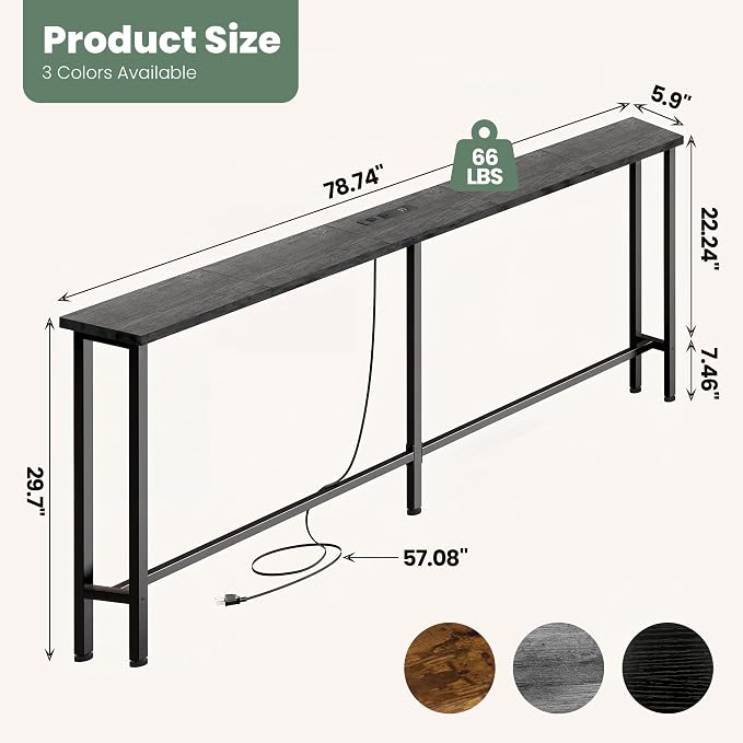 GRLEAF 78" Sofa Table with Built-in Power Strip (2 AC Outlets & 2 USB Ports) – 4.9ft Power Cord, Metal Frame, Easy Assembly, Long Couch Table Behind Sofa, Living Room and Home Office | Charcoal Gray