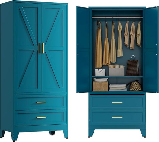 Blue Metal Wardrobe Closet, Armoire Wardrobe with Two Drawers Clothes Cabinet for Bedroom, 71" Tall Farmhouse Steel Armoire Closet with Drawers and 2 Doors Clothing Storage Cabinet with Hanging Rod
