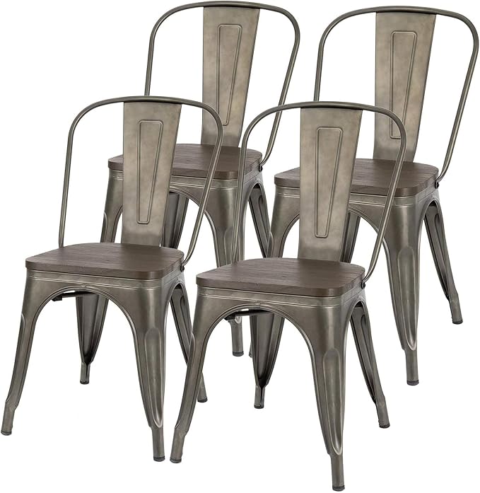 JUMMICO Metal Dining Chair Stackable Industrial Vintage Kitchen Chairs Indoor-Outdoor Bistro Cafe Side Chairs with Back and Wooden Seat Set of 4 (Gun)