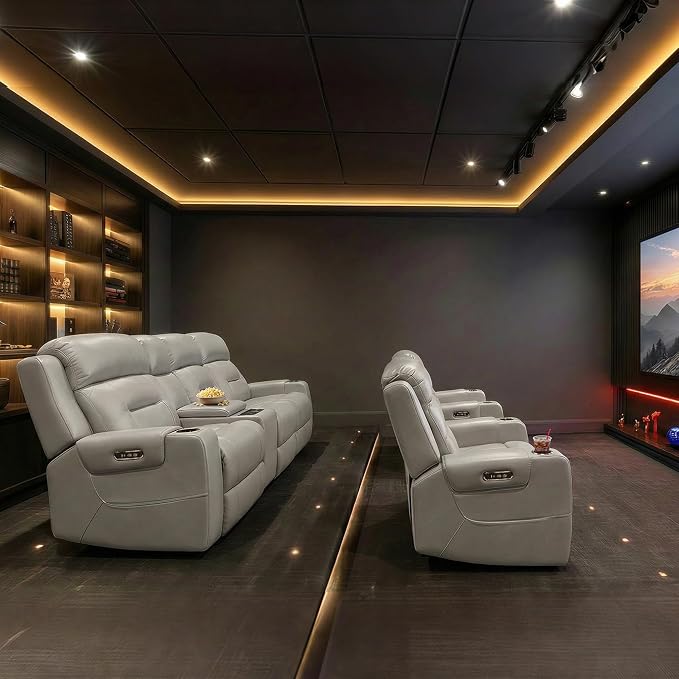 Watson & Whitely Oversized Genuine Leather Power Recliner Chairs for Big and Tall, Extra Wide Lay Flat Recliner with Power Headrest & Cup Holders, Electric Reclining Sofa for Living Room, Grey
