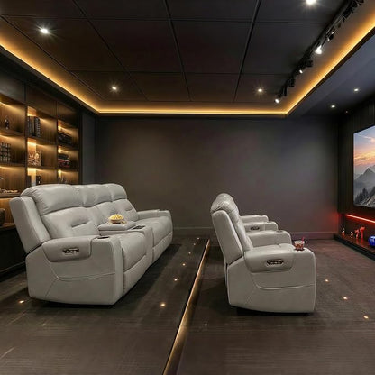 Watson & Whitely Oversized Genuine Leather Power Recliner Chairs for Big and Tall, Extra Wide Lay Flat Recliner with Power Headrest & Cup Holders, Electric Reclining Sofa for Living Room, Grey