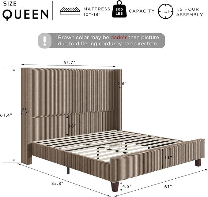 HOWE Queen Bed Frame with 61.4" Extra Tall Headboard, Corduroy Upholstered Bed with Vertical Wingback Headboard, No Box Spring Needed/Noise Free/Solid Wood Slats/Brown
