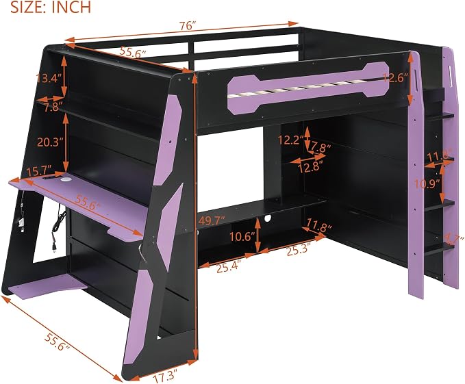 Merax Full Size Loft Bed with Desk, Multi-Storage Shelves and RGB Light | Space-Saving Wooden Gaming Bed Frame with Charging Station and Guardrail