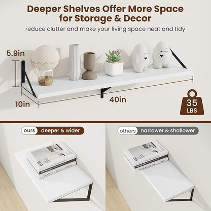 Axeman Deep Floating Shelves | 40 Inch White Wall Shelves Set of 2 | 10 Inch Deep Rustic Wood Shelves for Wall | 40'' W x 10''D White Shelves for Living Room Bathroom Kitchen