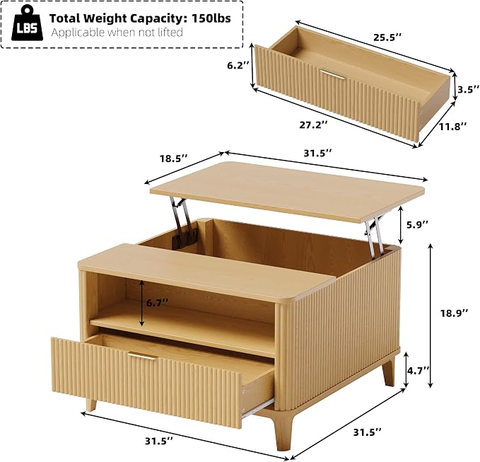 31.5" Square Fluted Lift Top Coffee Table for Living Room, Fluted Lift Top Coffee Tables with Hidden Storage, Modern Center Table,Giratree Stand Up Coffee Table for Home Living Room Office