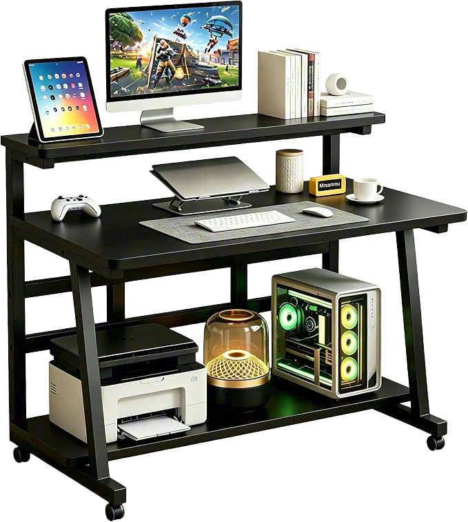 Rolling Computer Desk, 31.5 Inch Small Desks For Small Space, Portable Small Computer Desk with Monitor Stand & 3-Tier Storage, Portable Desk on Wheels for Writing, Home Office, Small Desk for Bedroom