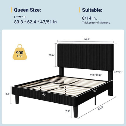 Allewie Queen Size Upholstered Bed Frame with Vertical Channel Tufted Headboard, Soft Corduroy Fabric Platform Bed, Strong Wooden Slats Support, Easy Assembly, No Box Spring Needed, Black