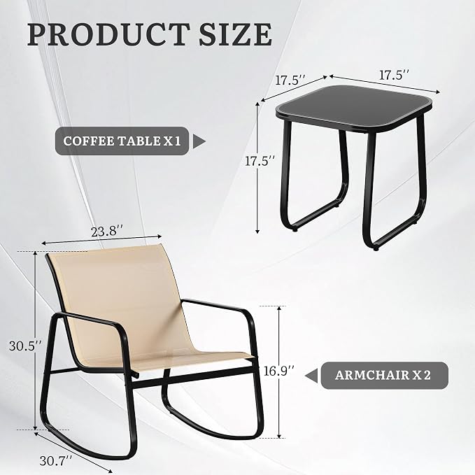 DWVO 3 Piece Patio Furniture Set, Durable Textilene Patio Set with Rocking Chairs Set of 2 & Tempered Glass Table for Garden, Balcony & Poolside, Brown