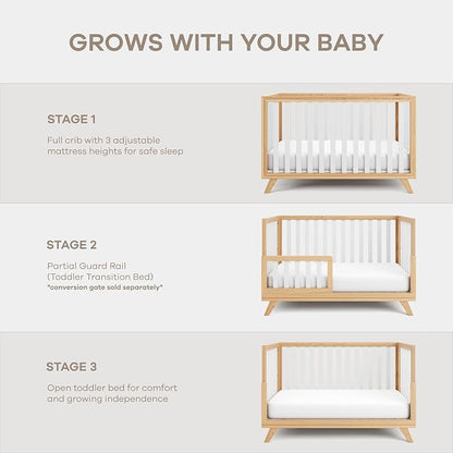 Comfy Cubs Baby Crib for 0 to 3 Years - Adjustable Mattress Height, Natural Wooden Crib for Baby, Elegant Nursery Furniture - 80 lbs Capacity Nursery Bed - White Bars with Natural Wood Frame and Legs