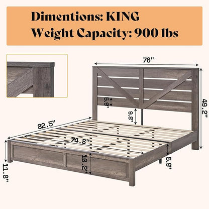 AMERLIFE King Size Bed Frame with 49.2" Barn Door Headboard and Footboard, Farmhouse Platform Bed Frame with Wood Slats, No Box Spring Needed, Under Bed Storage, Rustic Gray