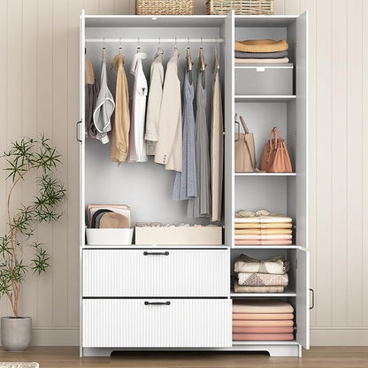 White Fluted Wardrobe Closet with Mirror and Light, 3-Door Armoire Wardrobe with 2 Drawers, Hanging Rod, Shelves, Freestanding Bedroom Storage Cabinet