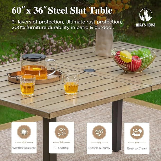HERA'S HOUSE Patio Table and Chairs for 6, 7 Pieces Outdoor Deck Dining Sets, Wood-Like Rectangular Metal Table Set with Chairs for Lawn Garden Backyard, Brown