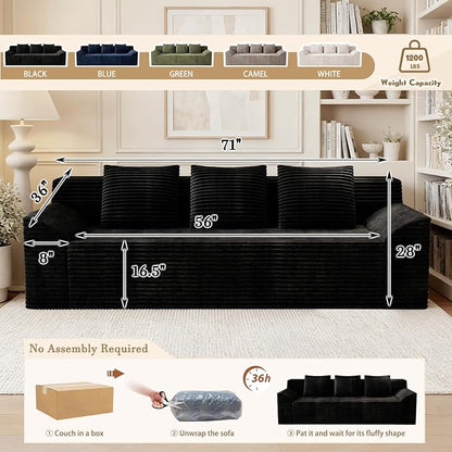 71" Corduroy Living Room Sofa, 3 Setaser Deep Seat Couch with 3 Lumbar Pillows, Comfy Boneless Sofa Modern Compressed Couch for Bedroom, Office, Apartment, No Assembly, Curved Armrests (Black)