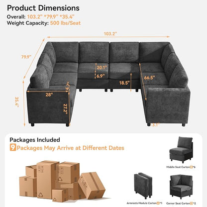 104'' U Shaped Modular Sofa, Sectional Couches with Storage for Living Room, Oversized 8 Seater Cloud Sectional Couch, Chenille Dark Grey