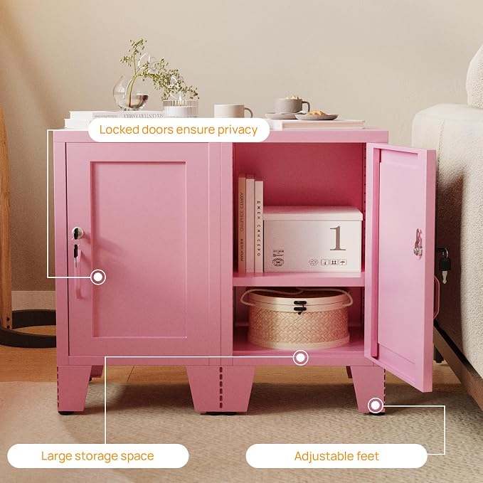 ALBAD Metal Nightstand with Lockable Cabinet, Compact Mini Locker Bedside Table for Kids & Adults, Modern Steel Side Table for Bedroom, Dorm, or Living Room (Pink)